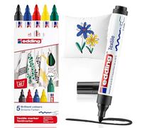 edding 4500 Marqueur pour textiles - noir, rouge, bleu, vert, jaune - 5 pièces - pointe ronde de 2-3 mm - feutre textile lavable en machine (60 °C) pour décorer le tissu - marqueur textile