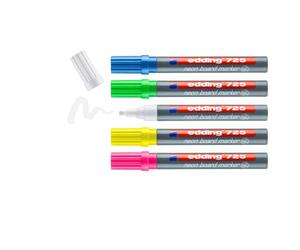 edding 725 Marqueur néon pour tableaux -set de 5 stylos néon-pointe biseautée 2-5 mm - tableau blanc,tableau noir, verre, miroirs-pour des marquages brillants dans les pièces sombres, surfaces sombres