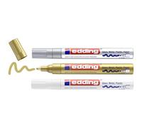 edding 750 Marqueur peinture brillante - blanc, or, argent (métallisé) - 3 feutres peinture brillante - pointe ronde 2-4mm - pour dessin, coloriage, scrapbooking - étanche, très opaque
