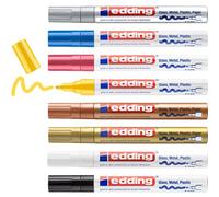 edding 750 Marqueur peinture brillante - noir, jaune, rose, bleu clair, blanc, or, argent, cuivre - 8 stylos - pointe ronde 2-4mm - pour dessin, coloriage, scrapbooking - étanche, très opaque