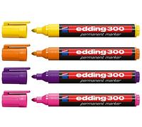 edding Lot de 4 marqueurs permanents 300 rechargeables, 1,5 à 3 mm [Couleurs supplémentaires I ] Jaune, orange, violet et rose