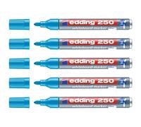Edding Lot De 5 Marqueurs Tableaux Blancs 250 Bleu Clair Corps Alu Pointe Ronde 1,5-3 Mm
