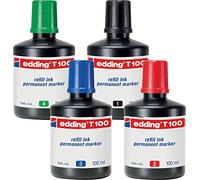 edding T100 Lot de 4 recharges de marqueurs permanents - Toutes les 4 couleurs - Contenu : 4 x 100 ml - Encre de Chine Marqueur permanent Ecoline