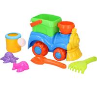 Eddy Toys Beach Play Set mit Zug - 8-teiliges Sandkastenspielzeug - enthält Zug, Eimer, Schaufel, Harke, Gießkanne, 2 Förmchen