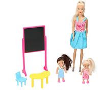 Eddy Toys Ensemble de poupées - Thème de l'école - 1 grande poupée, 2 petites poupées - Avec tableau, table et chaise - 29 cm