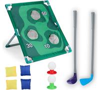 Eddy Toys Set 2en-1 Golf et Cornhole - Jouets à partir de 3 ans - Jouets de plage et de jardin - Pour l'extérieur et l'intérieur - Avec clubs de golf, balles, jeu de lancer et minigolf