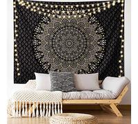 Edeesky Tapisserie murale mandala psychédélique, style hippie, bohème, décoration murale pour chambre à coucher, salon, dortoir, noir et doré