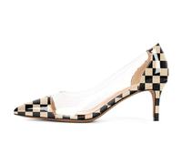 EDEFS Pumps pour Femmes Talon Chat Bas de 2,5 inches Bout Pointu et Bordure en PVC Transparent Les Photos de Mariage ou Discours Professionnels avec Une Grâce Contemporaine Beige à Carreaux EU35