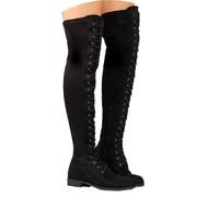 Edelaura Bottes à Lacets Élégantes pour Femme Unies Jusqu'au Genou à Talon Bas Longues Stretch Style Gothique Punk Bottes D'hiver Chaudes pour les Loisirs