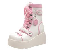 Edelaura Bottes Femmes avec Plateforme Punk Gothiques Mi-hautes avec Talon Compensé Bottes à Lacets Mignones Style Harajuku avec Fermeture Éclair en Cuir PU de Moto D'Hiver à Bout Rond pour Loisirs