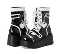 Edelaura Bottes Femmes avec Plateforme Punk Gothiques Mi-hautes avec Talon Compensé Bottes à Lacets Mignones Style Harajuku avec Fermeture Éclair en Cuir PU de Moto D'Hiver à Bout Rond pour Loisirs