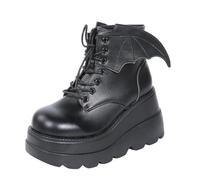 Edelaura Bottes Gothic Punk Noires pour Femmes en Cuir Verni Motif à Ailes Bottes de Moto Bottines Plateforme Élégantes à Lacets à Talon Compensé pour Loisirs