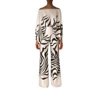 Edelaura Ensemble Pantalon pour Femme 2 Pièces Tenue Tendance Imprimé Bloc de Couleur Été Décontracté Haut à Manches Longues et Épaules Découvertes Pantalon Taille Haute Ensemble de Loisirs Streetwear