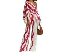 Edelaura Ensemble Pantalon pour Femme 2 Pièces Tenue Tendance Imprimé Bloc de Couleur Été Décontracté Haut à Manches Longues et Épaules Découvertes Pantalon Taille Haute Ensemble de Loisirs Streetwear