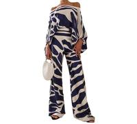 Edelaura Ensemble Pantalon pour Femme 2 Pièces Tenue Tendance Imprimé Bloc de Couleur Été Décontracté Haut à Manches Longues et Épaules Découvertes Pantalon Taille Haute Ensemble de Loisirs Streetwear