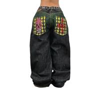 Edelaura Pantalon Jean Femme Hip Hop Taille Haute Imprimé Bloc Couleur Élégant Mode Jambe Large Denim avec Poches Style Gothic Punk Streetwear Décontracté