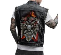 Edelaura Veste en Jean Sans Manches Hommes Imprimé Tête de Mort Style Biker Punk Vintage Denim Boutons Métalliques Outdoor Loisirs Vêtement de Travail
