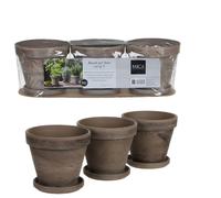 EDELMAN-Ensemble de 3 pots en terre cuite gris basalt avec soucoupe Stan - diamètre 13,5 x H 12 cm