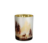 EDELMAN-Porte bougie en verre or avec paysage de forêt et cerf - diamètre 10 x H 12,5 cm