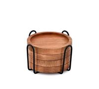 EDHAS Acacia Wood Round Coasters Set of 4 with Iron Holder for Drinks, Tabletop Protection for Any Table Type for Bar Kitchen Home Apartment (10.16cm x 10.16cm x 1.27cm)