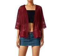 Edhomenn Cardigan boléro transparent à manches courtes pour femme - Couleur unie - Dentelle patchwork - Léger - Boléro, rouge vin, S