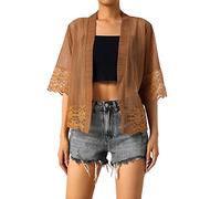 Edhomenn Cardigan shrug transparent à manches courtes pour femme - Couleur unie - Dentelle patchwork - Tricot léger - Shrug boléro, café, L