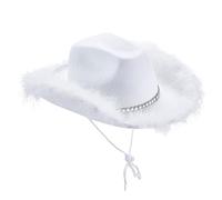 Edhomenn Chapeau de cowboy texan pour femme - Chapeau de cowgirl moelleux avec bordure en plumes - Accessoire de fête (02 blanc, taille unique)