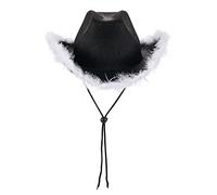 Edhomenn Chapeau de cowgirl en feutre pour femme avec bordure en plumes - Accessoire de fête, cosplay, déguisement (B2-Noir, 32 x 42 x 18 cm)