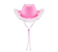 Edhomenn Chapeau de cowgirl en feutre pour femme avec bordure en plumes - Accessoire de fête, cosplay, déguisement (A4-Rose, 32 x 42 x 18 cm)