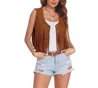 Edhomenn Gilet à pompons style hippie années 70 en faux daim à franges pour femme, cardigan de couleur unie, ouvert sur le devant, veste Y2k sans manches, Marron (03), S