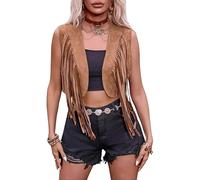 Edhomenn Gilet à pompons style hippie années 70 en faux daim à franges pour femme, cardigan de couleur unie, ouvert sur le devant, veste Y2k sans manches, 06 Camel, XXL