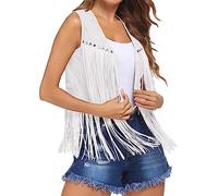 Edhomenn Gilet à pompons style hippie années 70 en faux daim à franges pour femme, cardigan de couleur unie, ouvert sur le devant, veste Y2k sans manches, Blanc 01, L