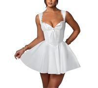 Edhomenn Mini robe corset pour femme, coupe trapèze, col en V profond, dos nu, ourlet à volants, robe sans manches pour fête et boîte de nuit, blanc, M