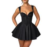 Edhomenn Mini robe corset pour femme, coupe trapèze, col en V profond, dos nu, ourlet à volants, robe sans manches pour fête et boîte de nuit, Noir , L