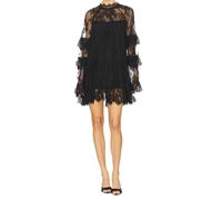 Edhomenn Robe en dentelle transparente à manches longues et col rond pour femme - Mini robe ample et transparente pour les vacances et la plage, Noir , L