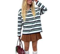 Edhomenn Sweat-shirt rayé à manches longues et col à revers pour femme - Chemisier décontracté patchcolor - Polo Y2k Preppy - Tenue d'automne, 02 Multicolore, S