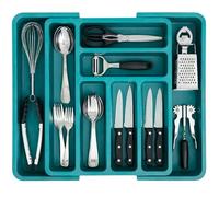 edihome, Range Couverts pour Tiroir, Plateau d'Ustensiles Extensible, Rangement Cuisine, avec 6 à 8 Compartiments, Sans BPA, Ustensiles de Cuisine, Ajustable (Turquoise)