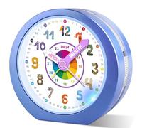 Edillas Réveil Pédagogique Enfant Fille Garçon,Horloge Analogique sans Tic-Tac avec Veilleuse et Snooze,Cadeau pour Chambre d'enfant,École,Anniversaire (Bleu Marine)
