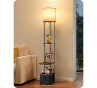 EDISHINE Lampadaire avec Étagère et Tiroir de Rangement, Lampe sur Pied avec 1 Prise Électrique et 2 Ports USB, E27 Ampoule LED Incluse à 3 Températures de Couleur, Lampe de Salon, Chambre ou Bureau