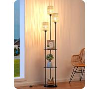 EDISHINE Lampadaire sur Pied Bohème Vintage avec Étagère de Rangement, 3 Abat-Jours en Rotin Naturel, 3xE27 Ampoules LED Incluses, Interrupteur au Pied, Lampe Salon, Chambre ou Bureau, 178 cm