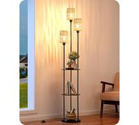 EDISHINE Lampadaire sur Pied Bohème Vintage avec Étagère de Rangement, 3 Abat-Jours en Rotin Naturel, 3xE27 Ampoules LED Incluses, Interrupteur au Pied, Lampe Salon, Chambre ou Bureau, 178 cm