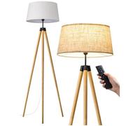 EDISHINE Lampadaire Trépied en Bois, Contrôle Télécommande et Pédale, E27 Ampoule Dimmable Incluse, 3000K - 6000K, Abat-jour en Lin