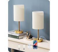 EDISHINE Lampe de Chevet Tactile Lot de 2 avec Port de Charge USB-C & USB-A, 3 Intensités, E27 Ampoule LED Fournie, Abat-jour Plissé, Lampe de Table pour Chambre, Salon, Hôtel, Base Dorée