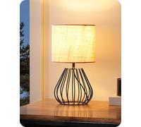 EDISHINE Lampe Table Industrielle, Socle Métal Grille, Beige & Noir | Douille E14, Blanc Chaud 2700 K, Abat-Jour en Lin Vintage, Pied Métal Noir pour Chambre, Salon