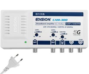 EDISION CAM-300 Amplificateur Antenne TV TNT Centrale Multibande, 2UHF, 1VHF/FM, 18-34db Réglable, 115dBmV, pour Numérique Terrestre DVB-T/T2, avec Filtre 5G LTE, UHF 470-694Mhz, VHF/FM 47-230MHz