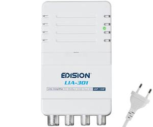 EDISION LIA-301 Amplificateur Antenne TV TNT intérieur d'appartement UHF/VHF, 5-20db Réglable, 98dBmV, pour Numérique Terrestre DVB-T/T2, avec Filtre 5G LTE, 1 entrée, 3 Sorties, Connecteurs IEC