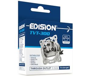 EDISION Prise Satellite TV Universelle TVT-300, Prise de Passage TV-R-Sat encastré 3 connecteurs, Convient pour Sat DVB-S2, Unicable, TNT DVB-T/T2, DVB-C, Radio, FM, Dab+, Passe DC, 3 Sorties