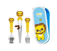 Edison Friends Lot de 4 baguettes Lion en acier inoxydable, cuillère, fourchette et étui, pour débutant, entraînement cérébral, droitier (Lion, Hion), fabriquées en Corée.