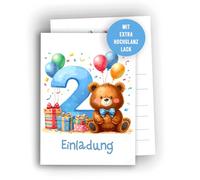 Edition Colibri 10 Cartes d'invitation pour 2 ans garçon et fille - Ours avec ballons, Invitation d'anniversaire mignonne pour enfants, Qualité Premium, A6