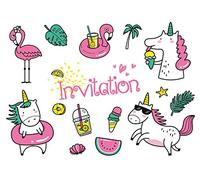 Edition Colibri 10981 FR Lot de 10 Cartes d‘invitation FÉTE DE PISCINE en Français pour un anniversaire d‘enfant ou pour une fête avec licorne et flamant